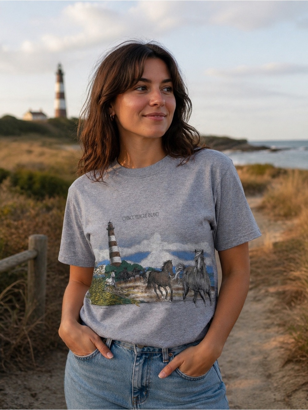 Vintage Chincoteague Island Wild Pony Lighthouse T Shirt M Screenworks USA AOP